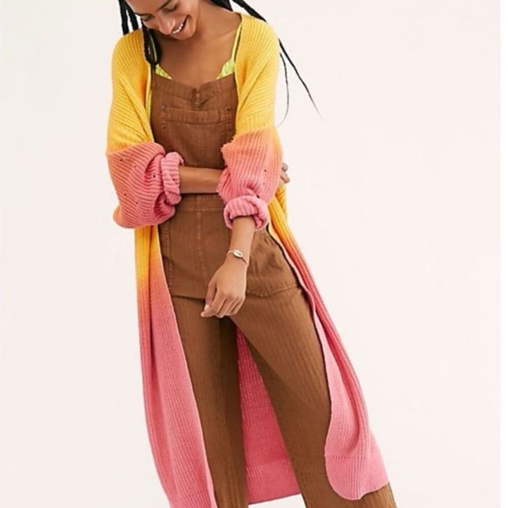 Free People Come Together Ombré Duster Cardigan in Orange / Mai Tai Combo Size L